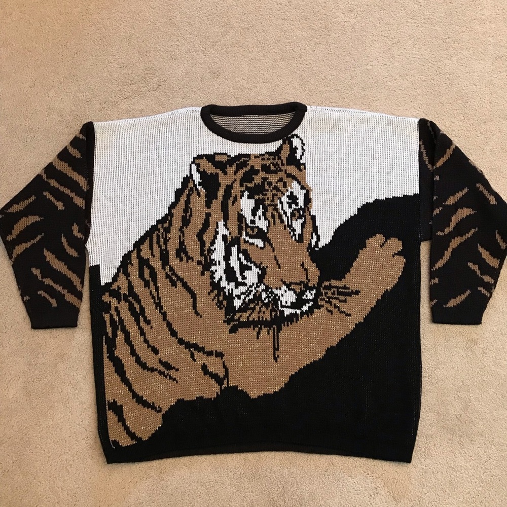 Vintage 80s Lurking Tiger Slouchy Oversized Crewneck Sweater Womens XL Metallic